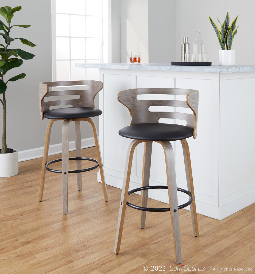 Cosini 30" Fixed-Height Barstool - Set of 2 - Light Grey Wood, Black Metal, Black PU