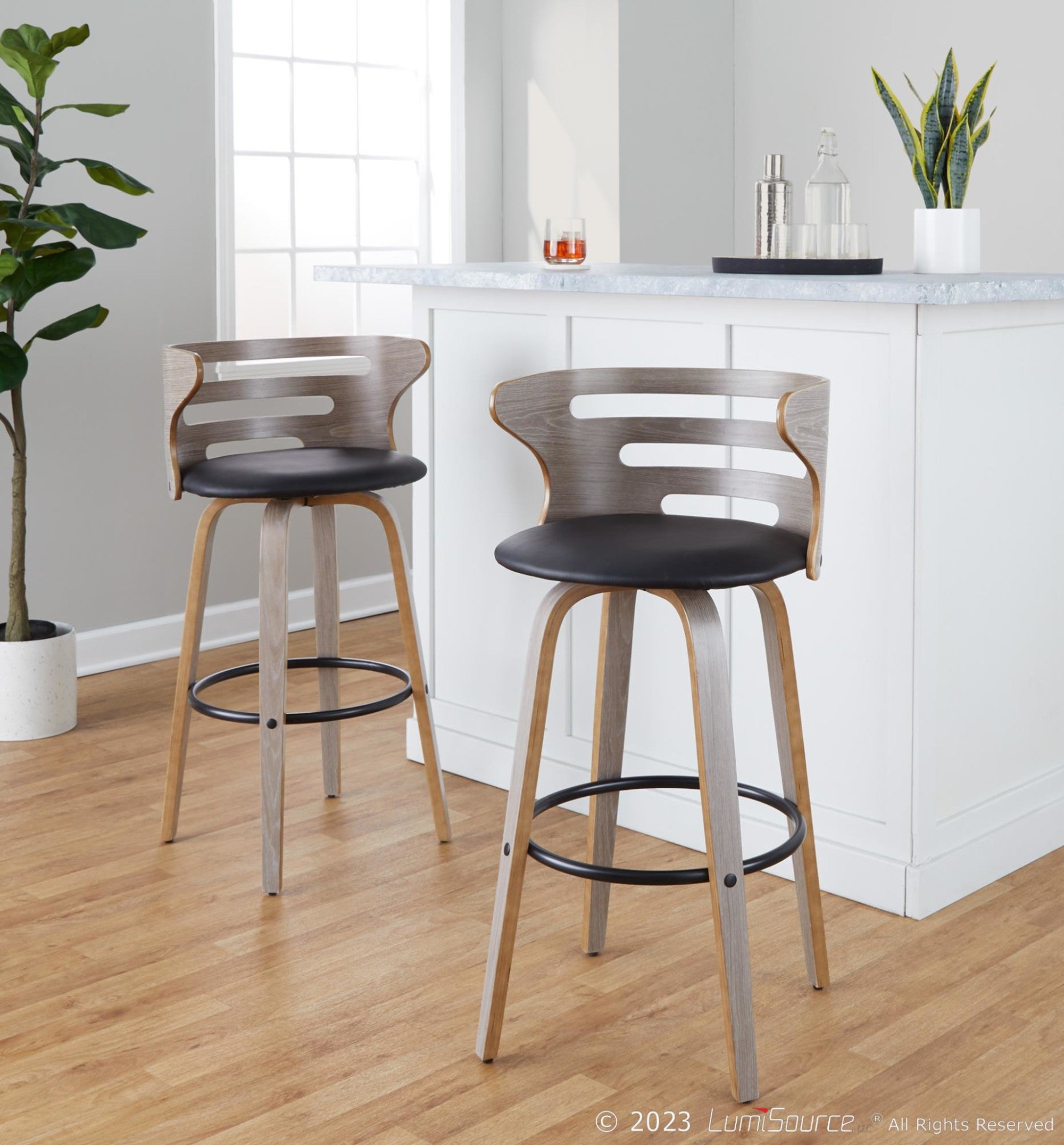 Cosini 30" Fixed-Height Barstool - Set of 2 - Light Grey Wood, Black Metal, Black PU