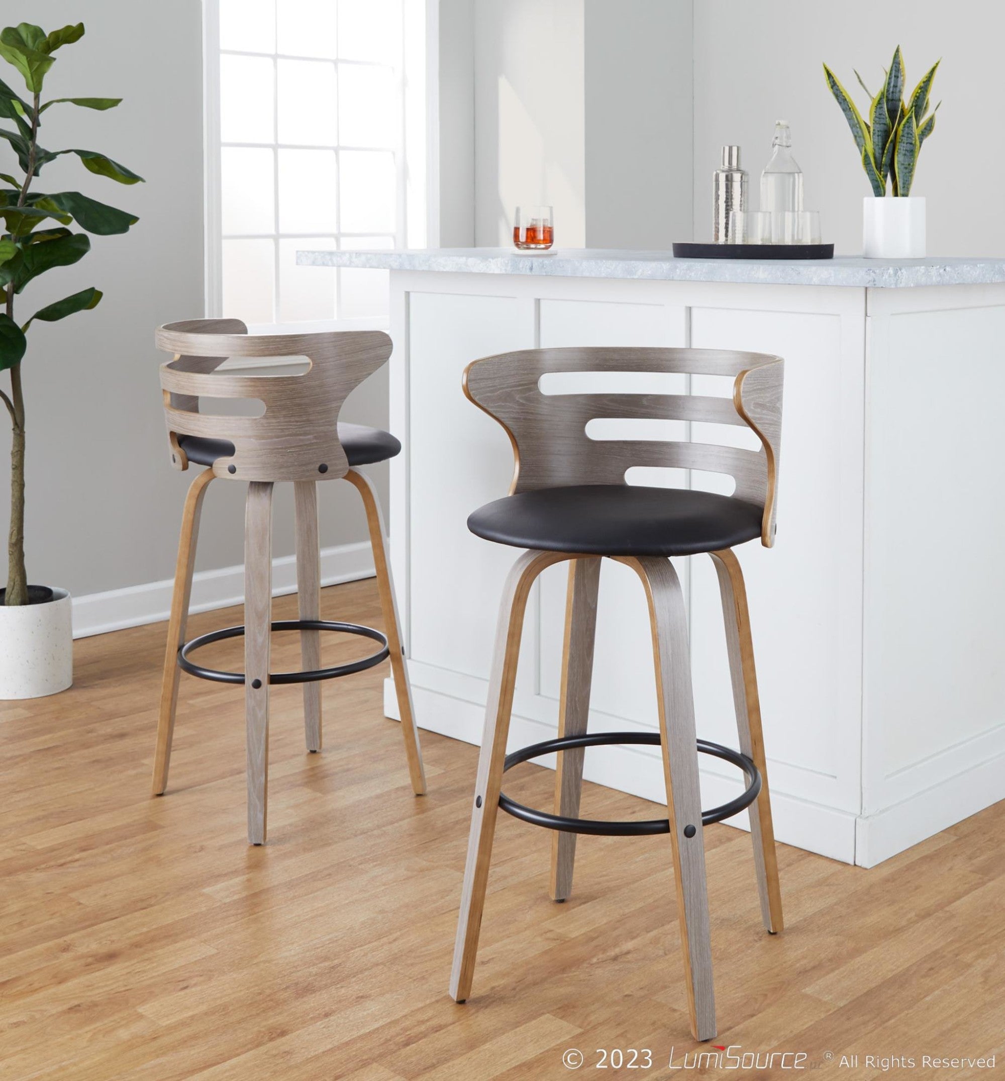 Cosini 30" Fixed-Height Barstool - Set of 2 - Light Grey Wood, Black Metal, Black PU