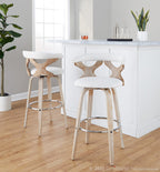 Gardenia 30" Fixed-Height Barstool - Set of 2 - Whitewashed Wood, Chrome Metal, Cream Fabric