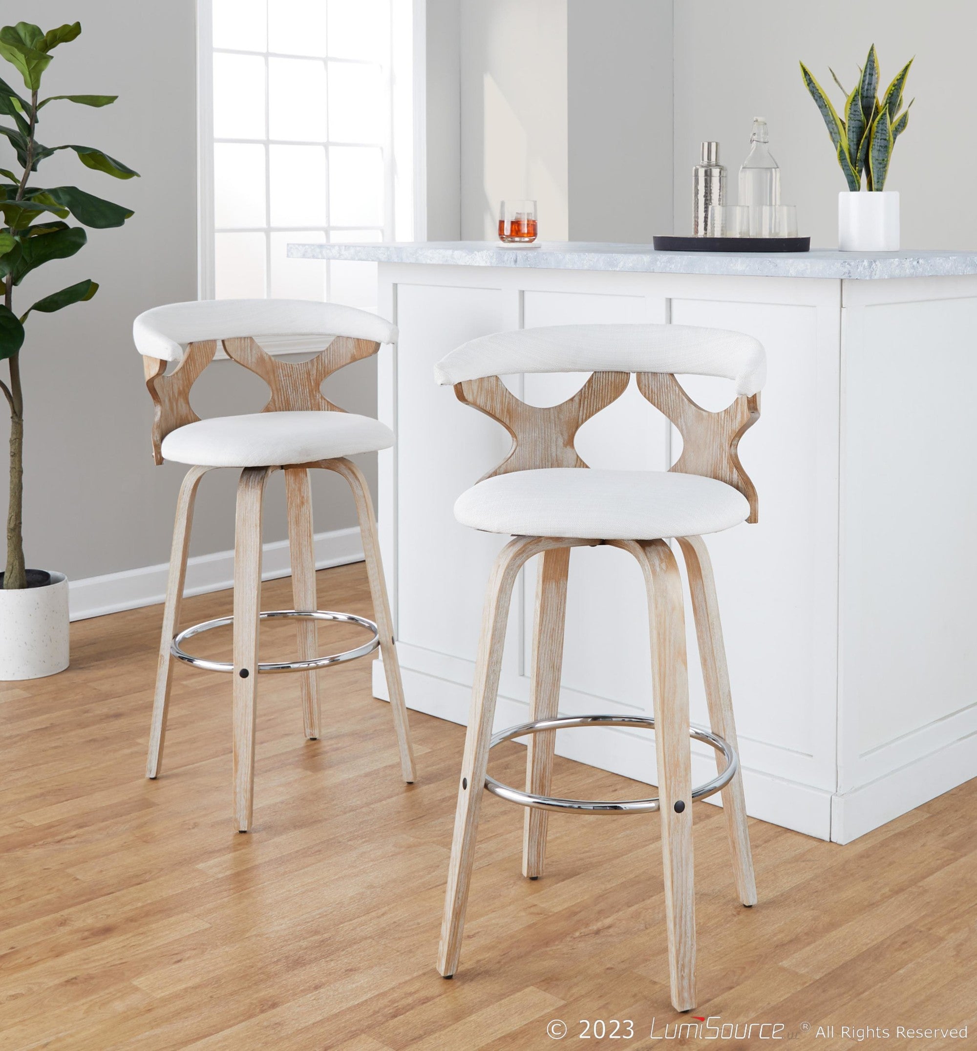 Gardenia 30" Fixed-Height Barstool - Set of 2 - Whitewashed Wood, Chrome Metal, Cream Fabric