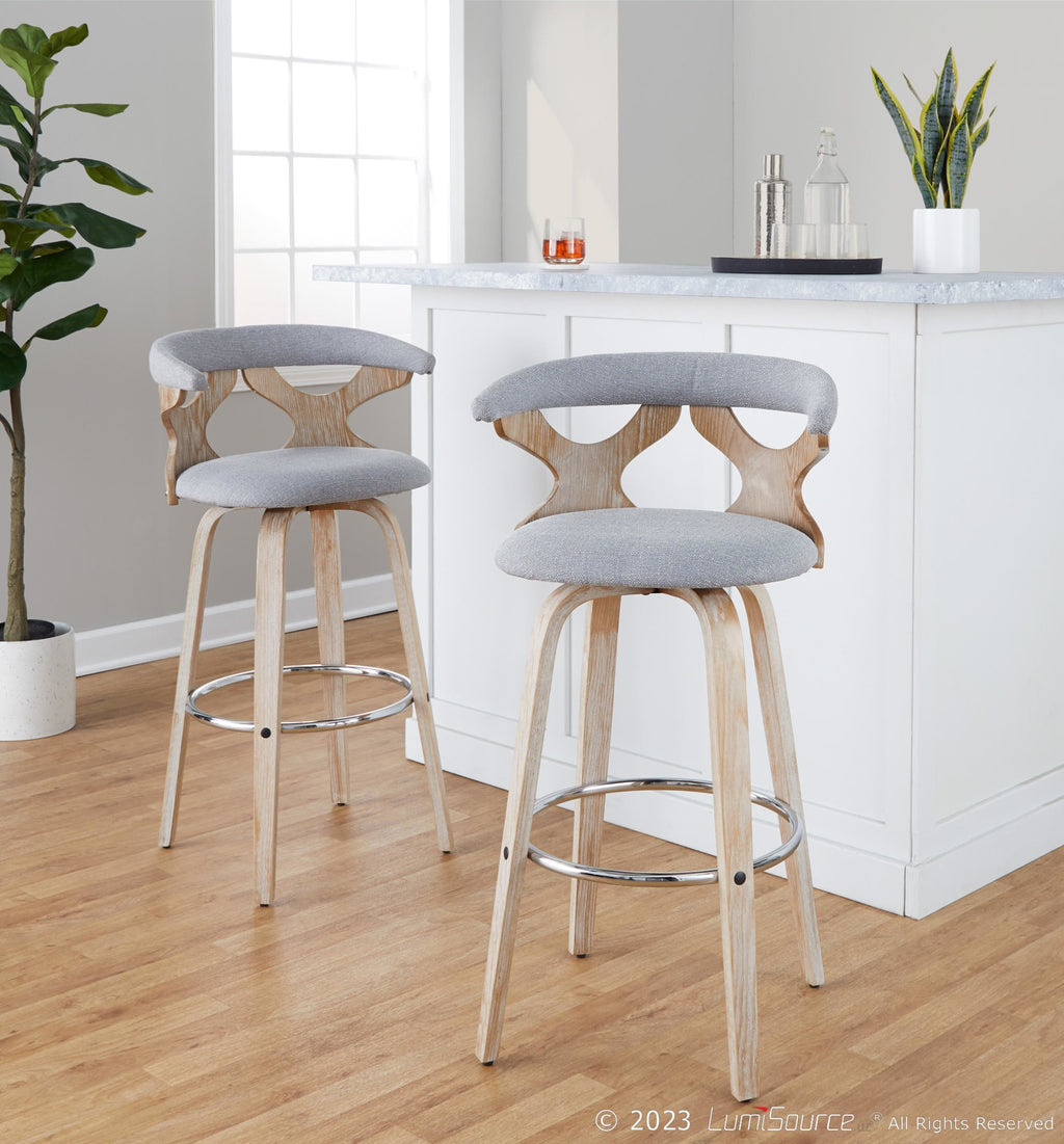 Gardenia 30" Fixed-Height Barstool - Set of 2 - Whitewashed Wood, Chrome Metal, Light Grey Fabric