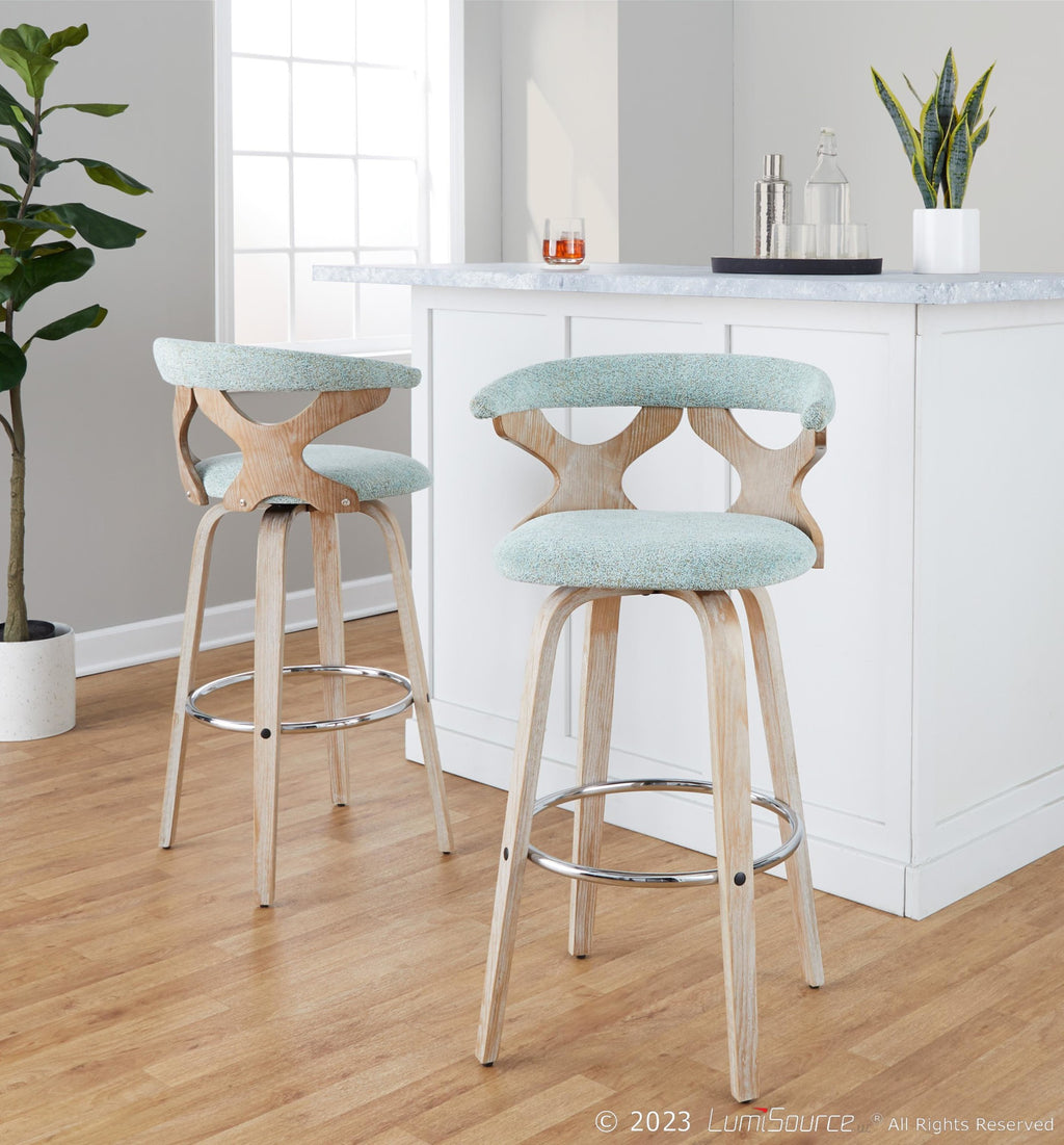 Gardenia 30" Fixed-Height Barstool - Set of 2 - Whitewashed Wood, Chrome Metal, Seafoam Green Fabric