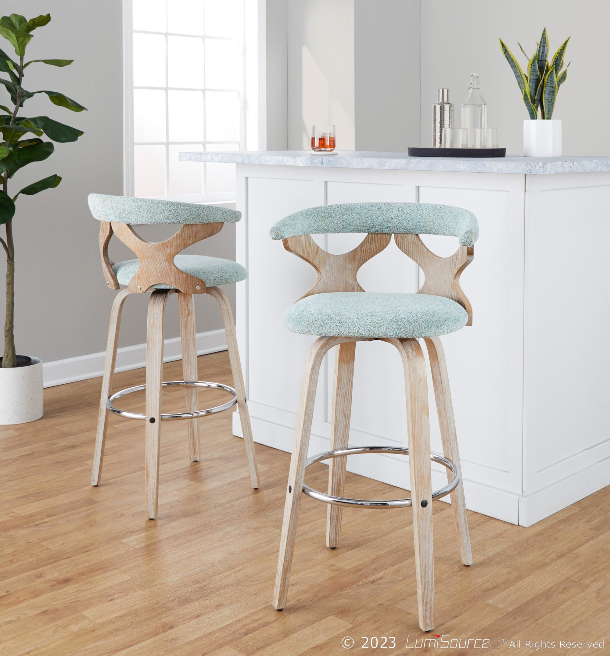 Gardenia 30" Fixed-Height Barstool - Set of 2 - Whitewashed Wood, Chrome Metal, Seafoam Green Fabric