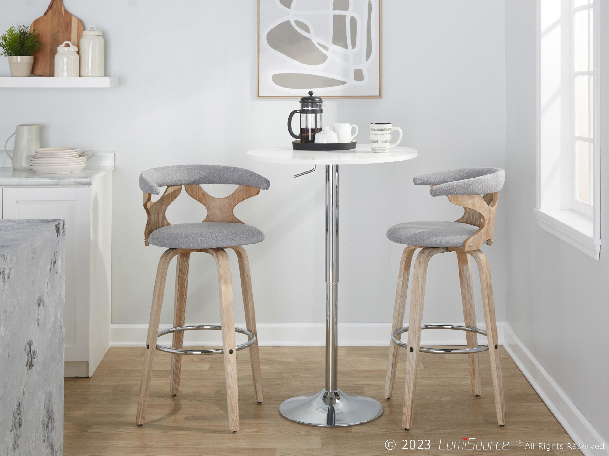 Gardenia 30" Fixed-Height Barstool - Set of 2 - Whitewashed Wood, Chrome Metal, Light Grey Fabric