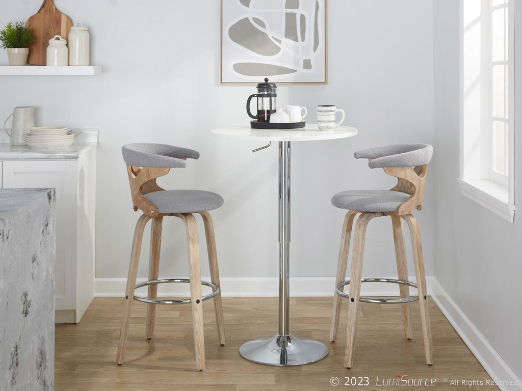 Gardenia 30" Fixed-Height Barstool - Set of 2 - Whitewashed Wood, Chrome Metal, Seafoam Green Fabric