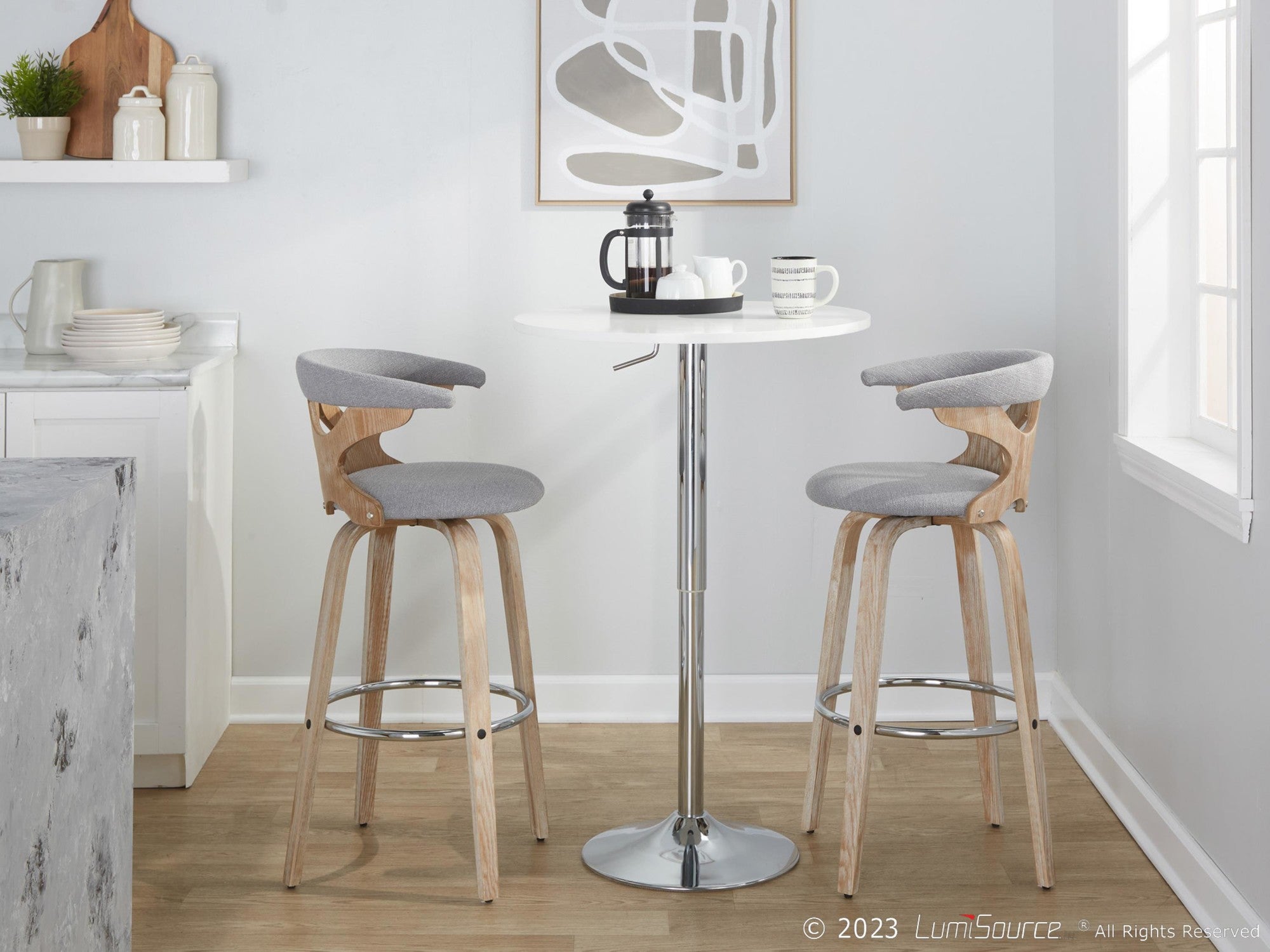Gardenia 30" Fixed-Height Barstool - Set of 2 - Whitewashed Wood, Chrome Metal, Seafoam Green Fabric