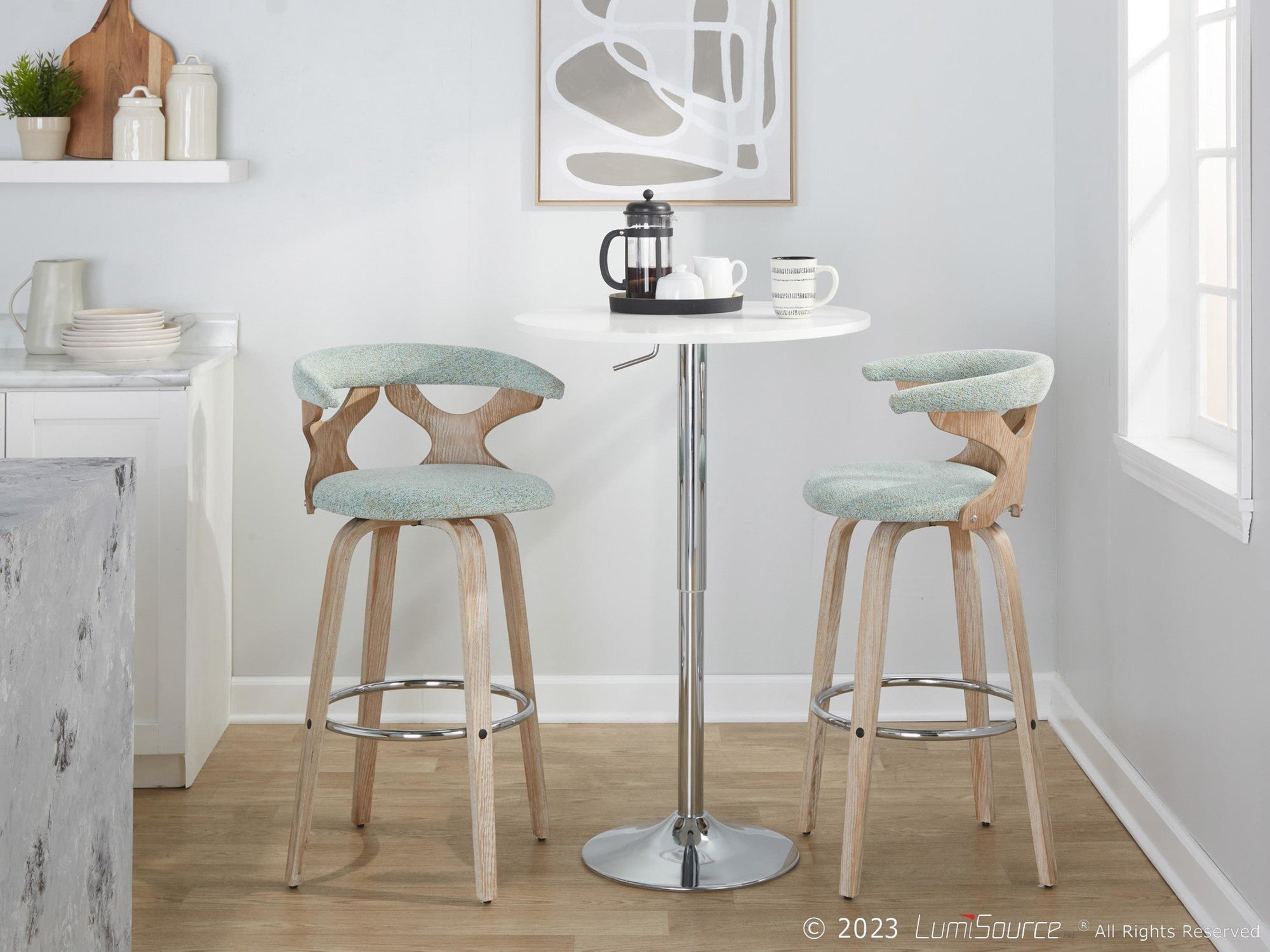 Gardenia 30" Fixed-Height Barstool - Set of 2 - Whitewashed Wood, Chrome Metal, Seafoam Green Fabric