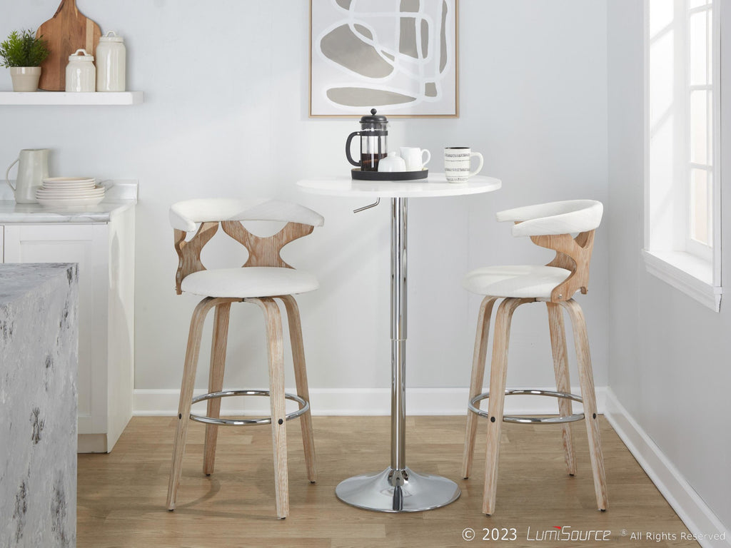 Gardenia 30" Fixed-Height Barstool - Set of 2 - Whitewashed Wood, Chrome Metal, Cream Fabric