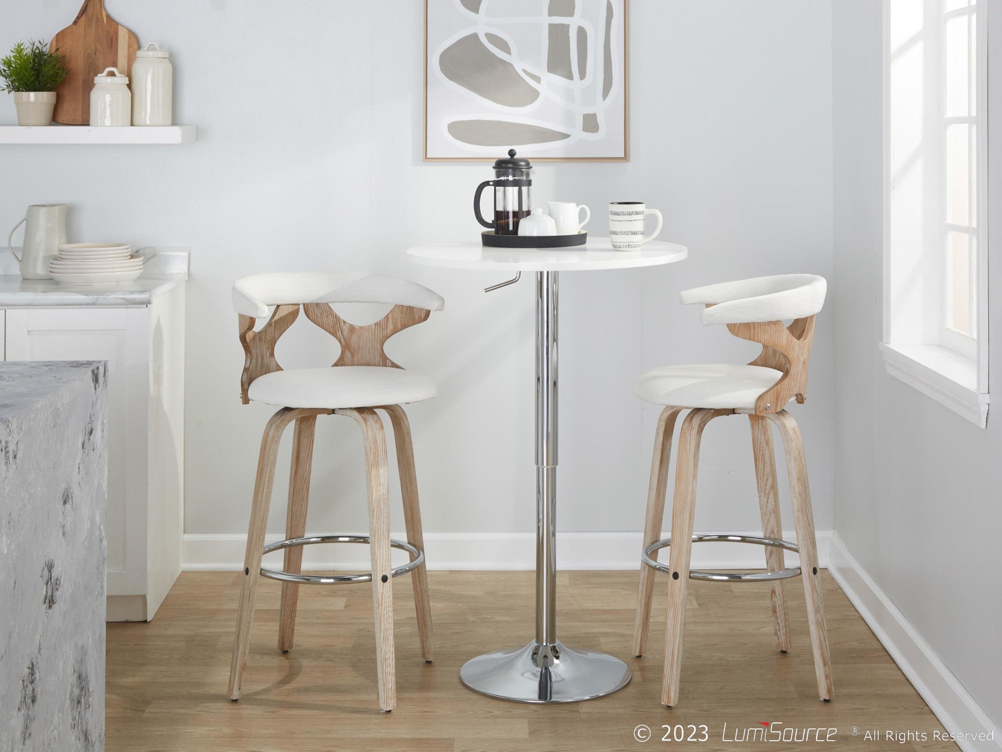 Gardenia 30" Fixed-Height Barstool - Set of 2 - Whitewashed Wood, Chrome Metal, Cream Fabric