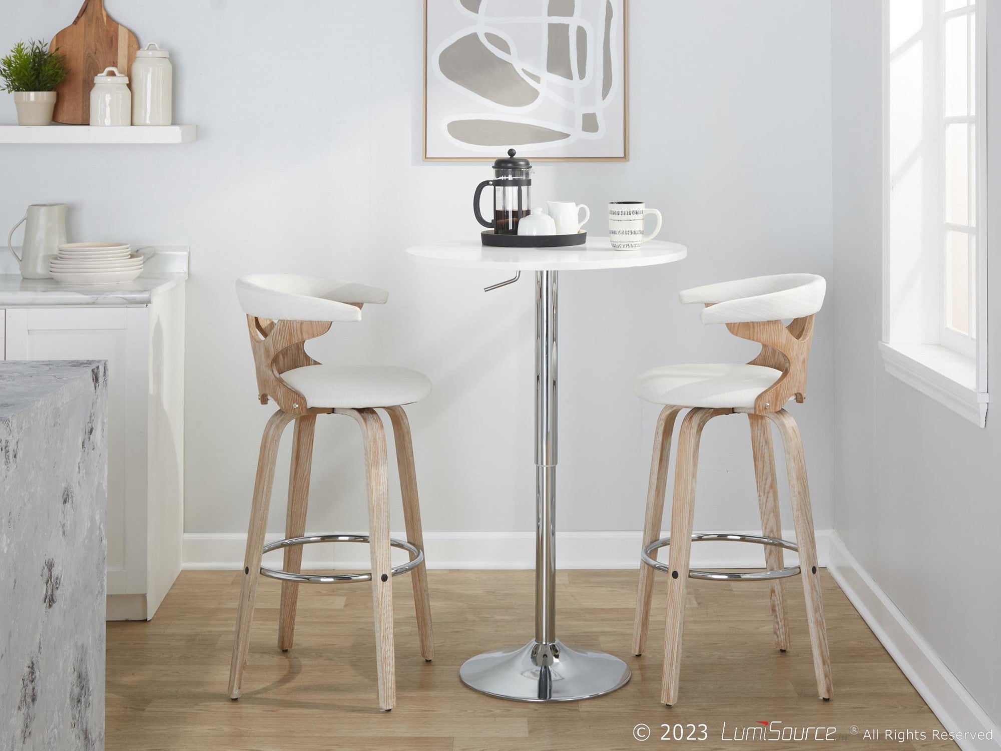 Gardenia 30" Fixed-Height Barstool - Set of 2 - Whitewashed Wood, Chrome Metal, Cream Fabric