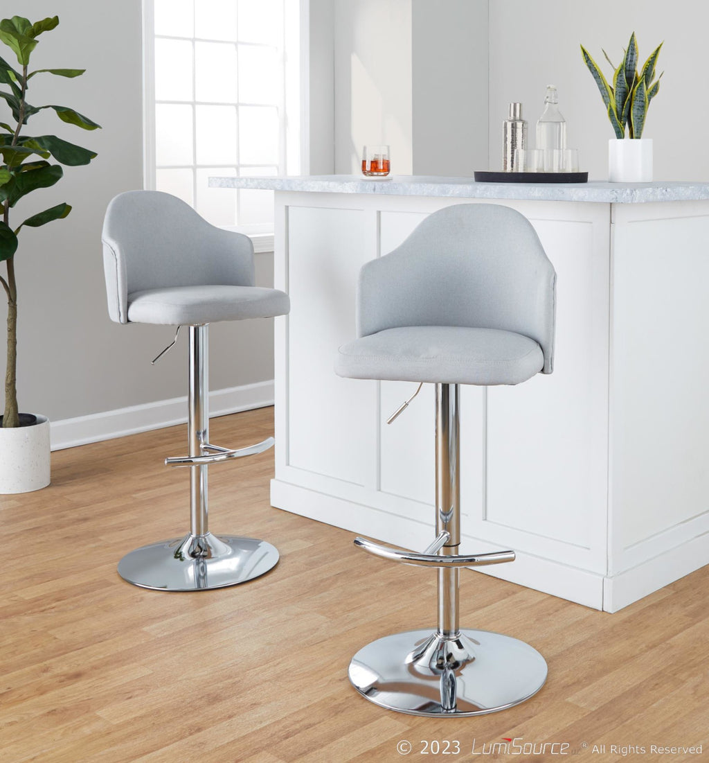 Ahoy Adjustable Barstool - Set of 2 - Chrome Metal, Light Grey Fabric