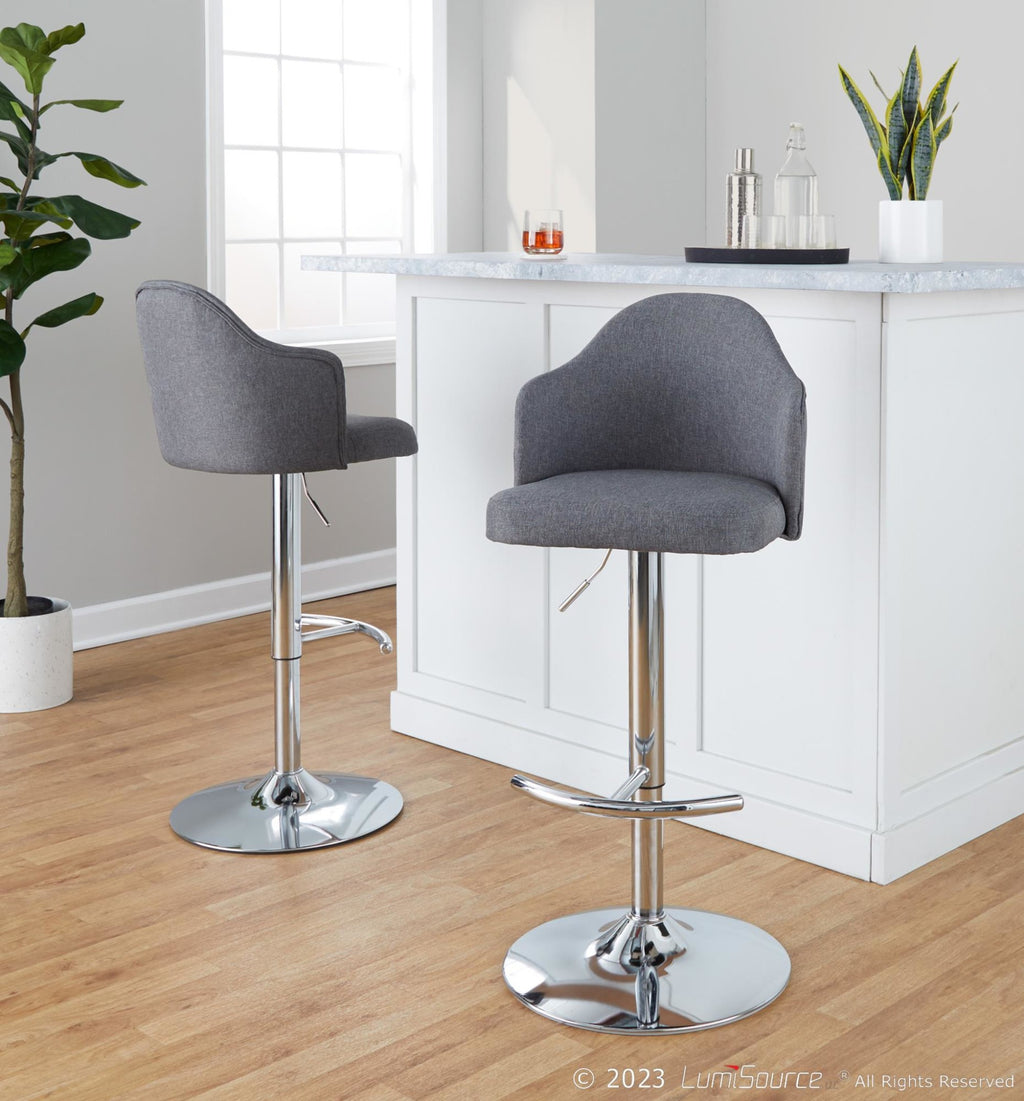 Ahoy Adjustable Barstool - Set of 2 - Chrome Metal, Grey Fabric