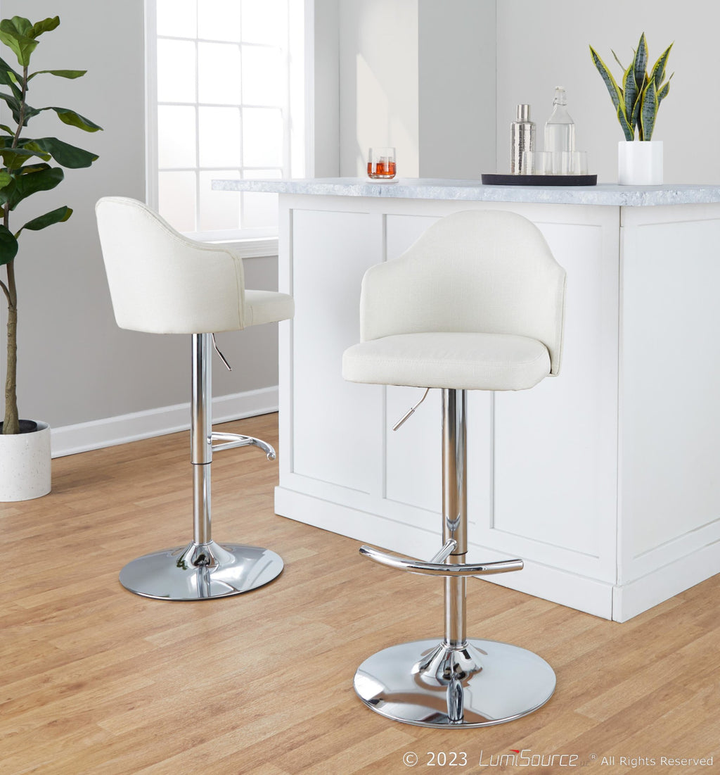 Ahoy Adjustable Barstool - Set of 2 - Chrome Metal, Cream Fabric