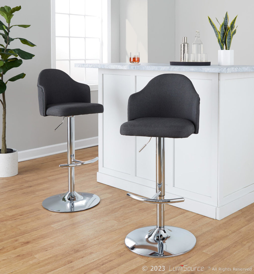 Ahoy Adjustable Barstool - Set of 2 - Chrome Metal, Charcoal Fabric
