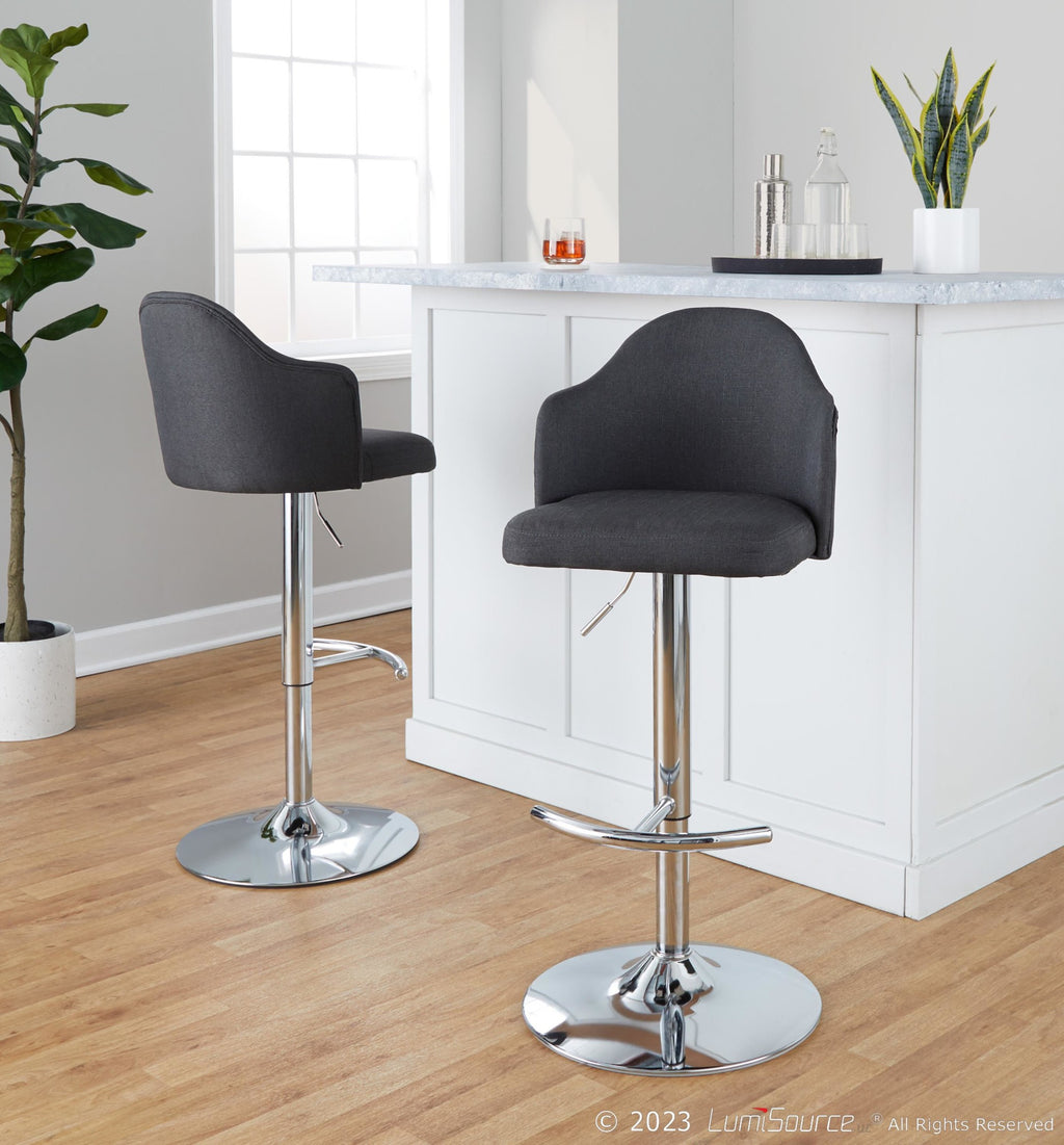 Ahoy Adjustable Barstool - Set of 2 - Chrome Metal, Charcoal Fabric
