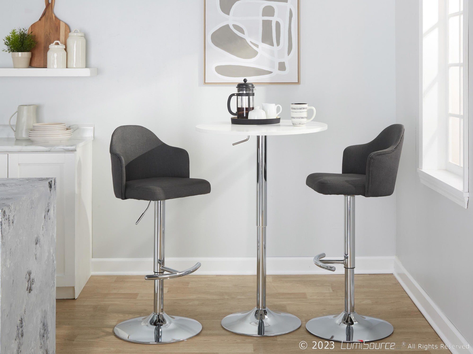 Ahoy Adjustable Barstool - Set of 2 - Chrome Metal, Charcoal Fabric
