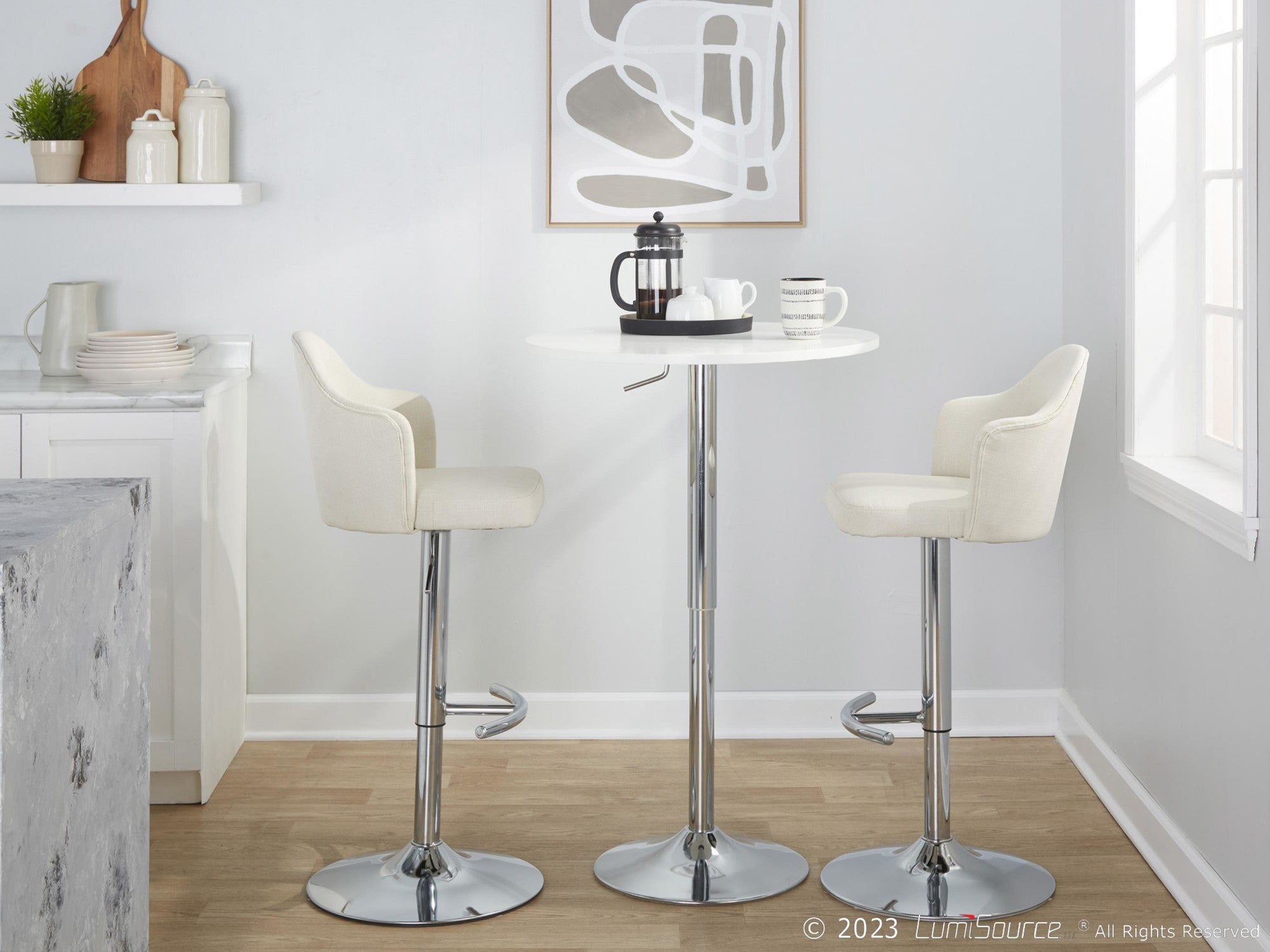 Ahoy Adjustable Barstool - Set of 2 - Chrome Metal, Cream Fabric