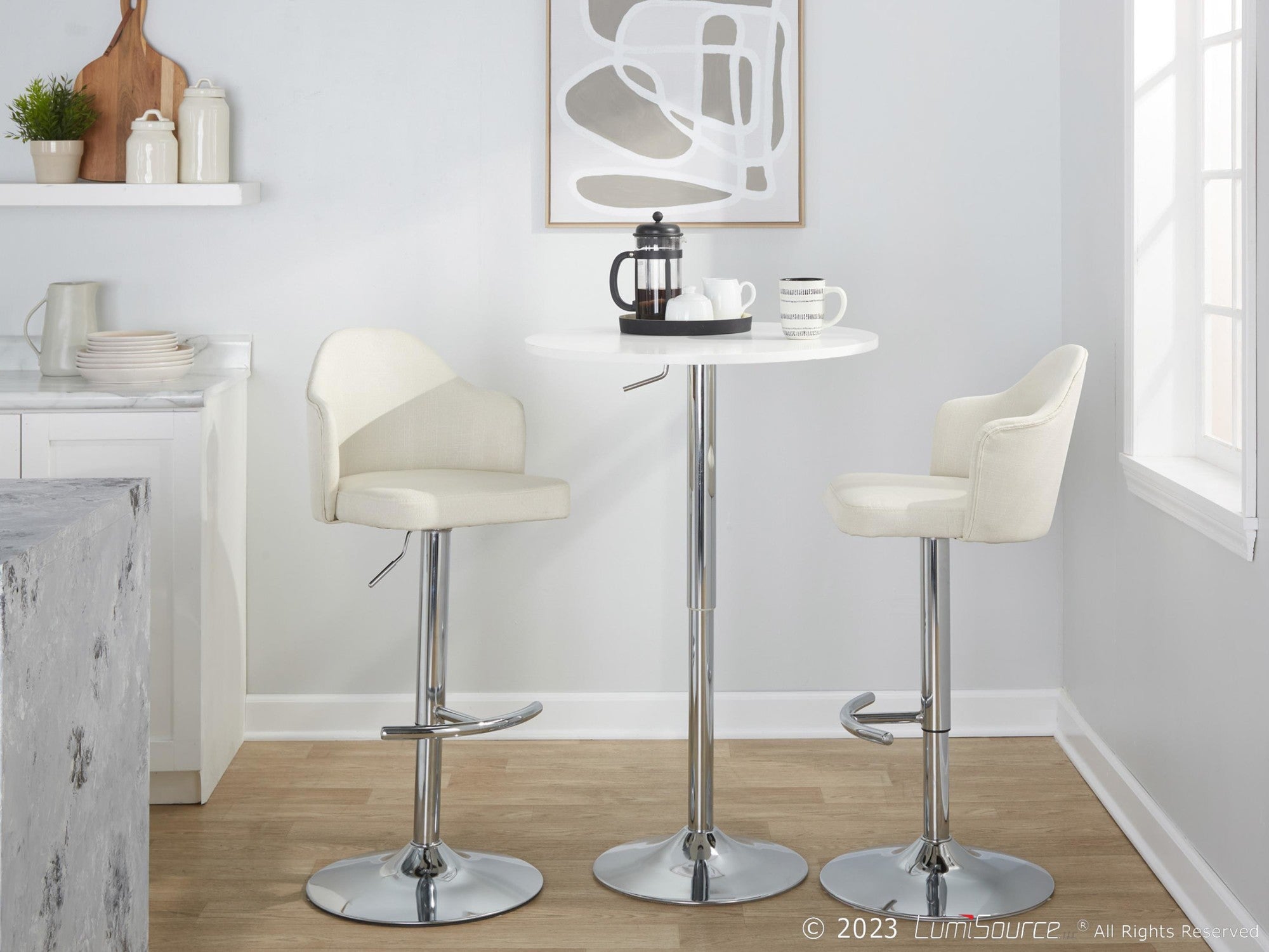 Ahoy Adjustable Barstool - Set of 2 - Chrome Metal, Cream Fabric