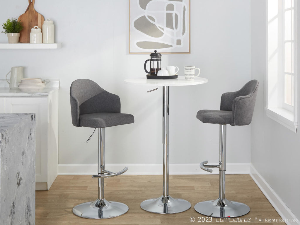 Ahoy Adjustable Barstool - Set of 2 - Chrome Metal, Grey Fabric