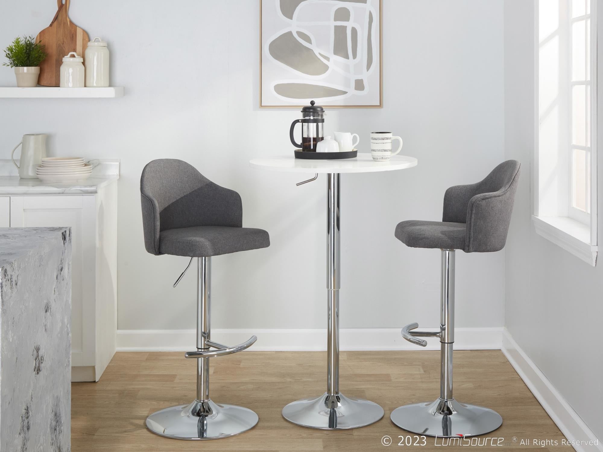 Ahoy Adjustable Barstool - Set of 2 - Chrome Metal, Grey Fabric