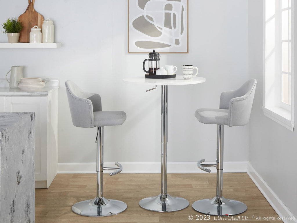 Ahoy Adjustable Barstool - Set of 2 - Chrome Metal, Light Grey Fabric
