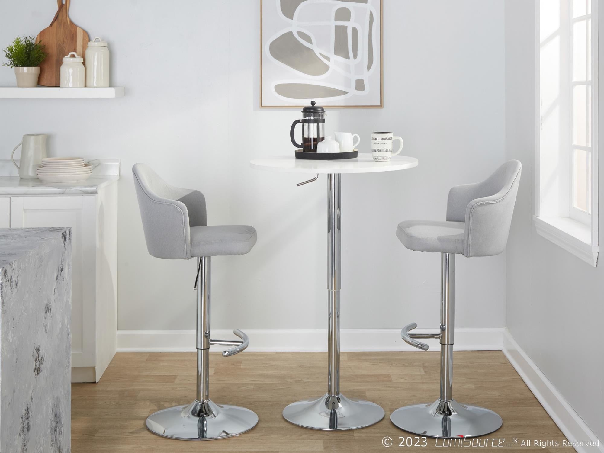 Ahoy Adjustable Barstool - Set of 2 - Chrome Metal, Light Grey Fabric