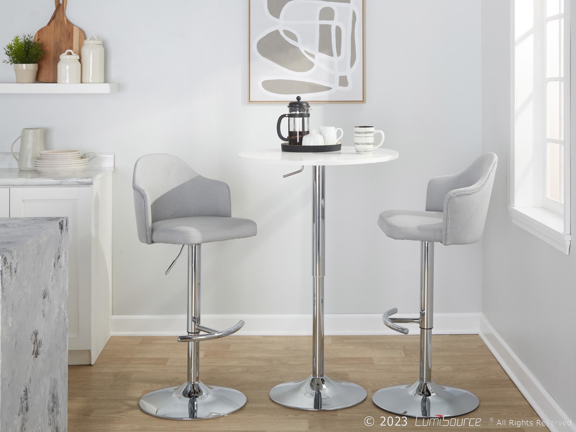 Ahoy Adjustable Barstool - Set of 2 - Chrome Metal, Light Grey Fabric