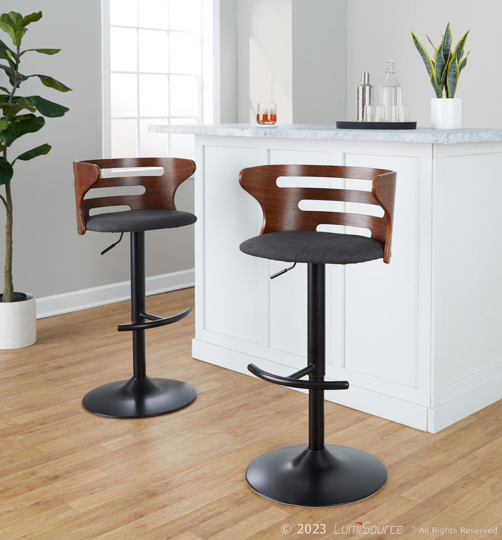 Cosi Adjustable Barstool - Set of 2 - Black Metal, Walnut Wood, Charcoal Fabric