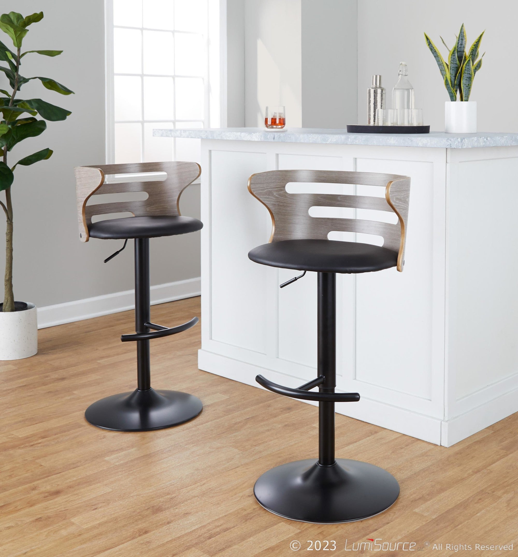 Cosi Adjustable Barstool - Set of 2 - Black Metal, Light Grey Wood, Black PU
