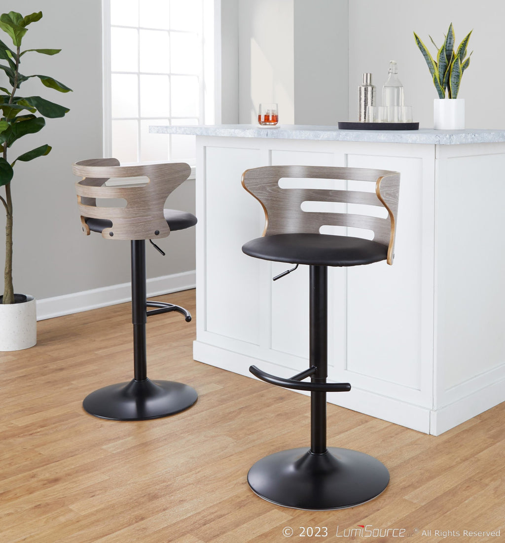 Cosi Adjustable Barstool - Set of 2 - Black Metal, Light Grey Wood, Black PU