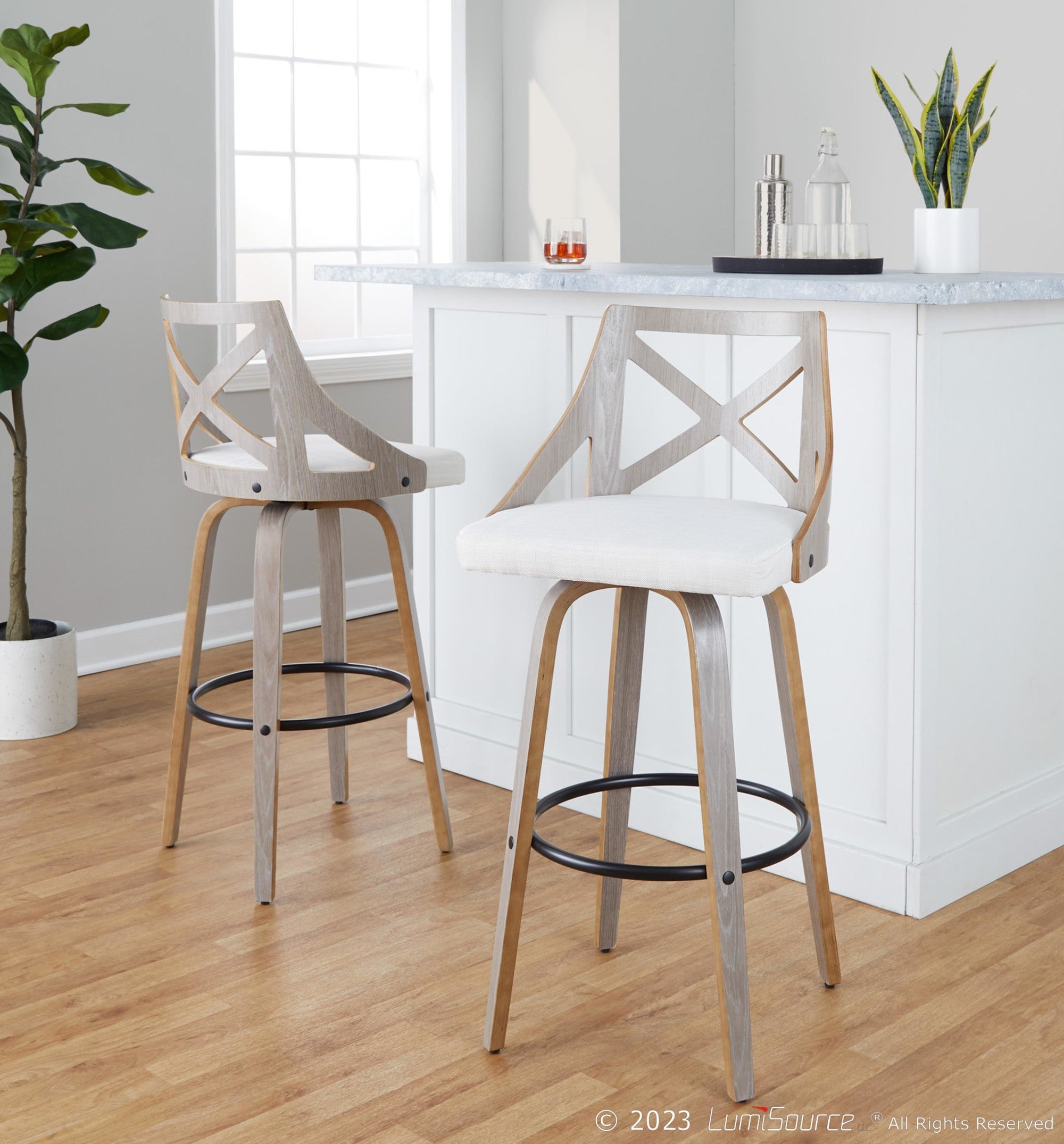 Charlotte 30" Fixed-Height Barstool - Set of 2 - Light Grey Wood, Black Metal, Cream Noise Fabric
