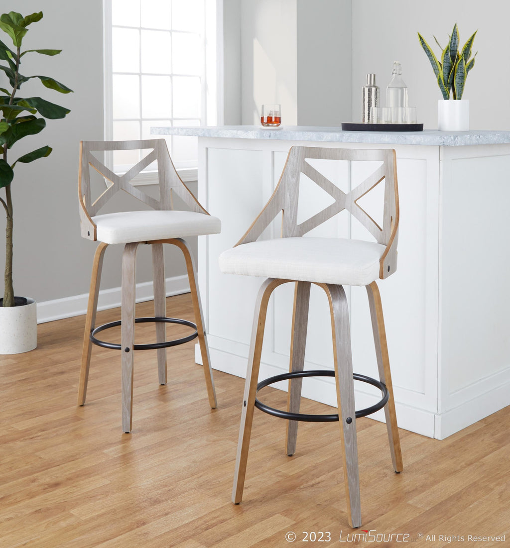 Charlotte 30" Fixed-Height Barstool - Set of 2 - Light Grey Wood, Black Metal, Cream Noise Fabric