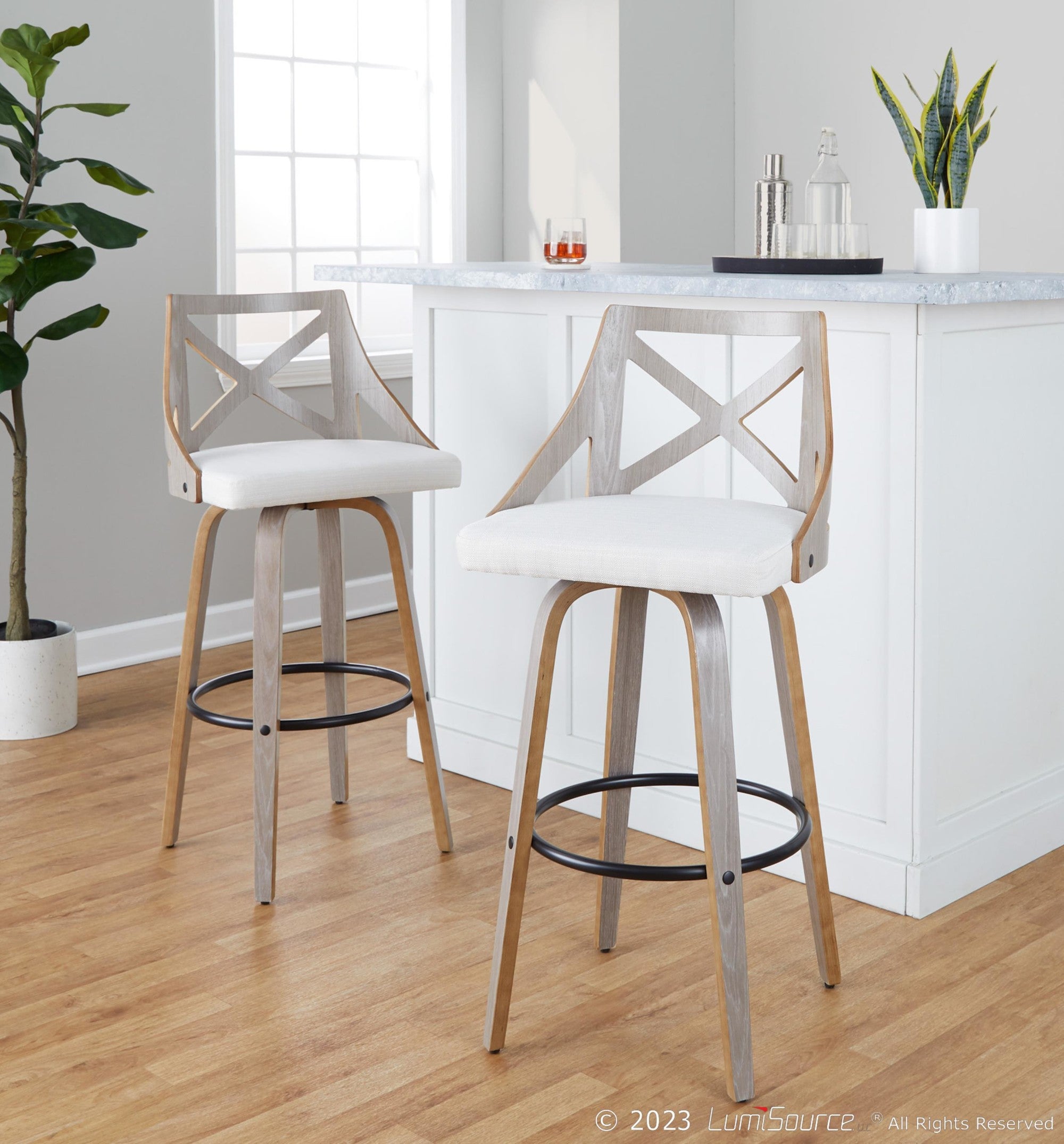 Charlotte 30" Fixed-Height Barstool - Set of 2 - Light Grey Wood, Black Metal, Cream Noise Fabric