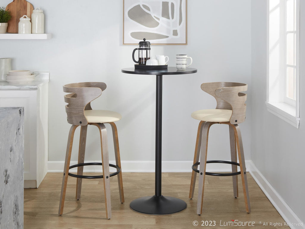 Cosini 30" Fixed-Height Barstool - Set of 2 - Light Grey Wood, Black Metal, Cream PU