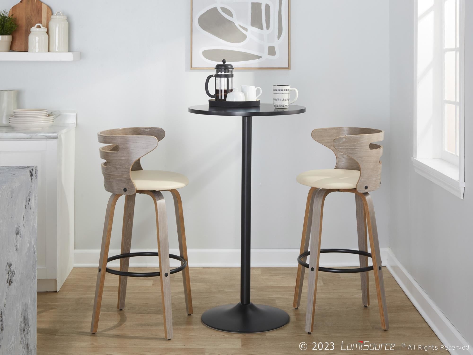 Cosini 30" Fixed-Height Barstool - Set of 2 - Light Grey Wood, Black Metal, Cream PU