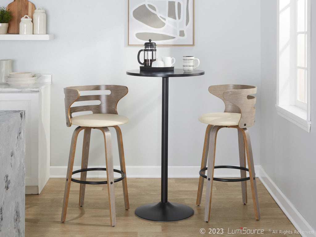 Cosini 30" Fixed-Height Barstool - Set of 2 - Light Grey Wood, Black Metal, Cream PU