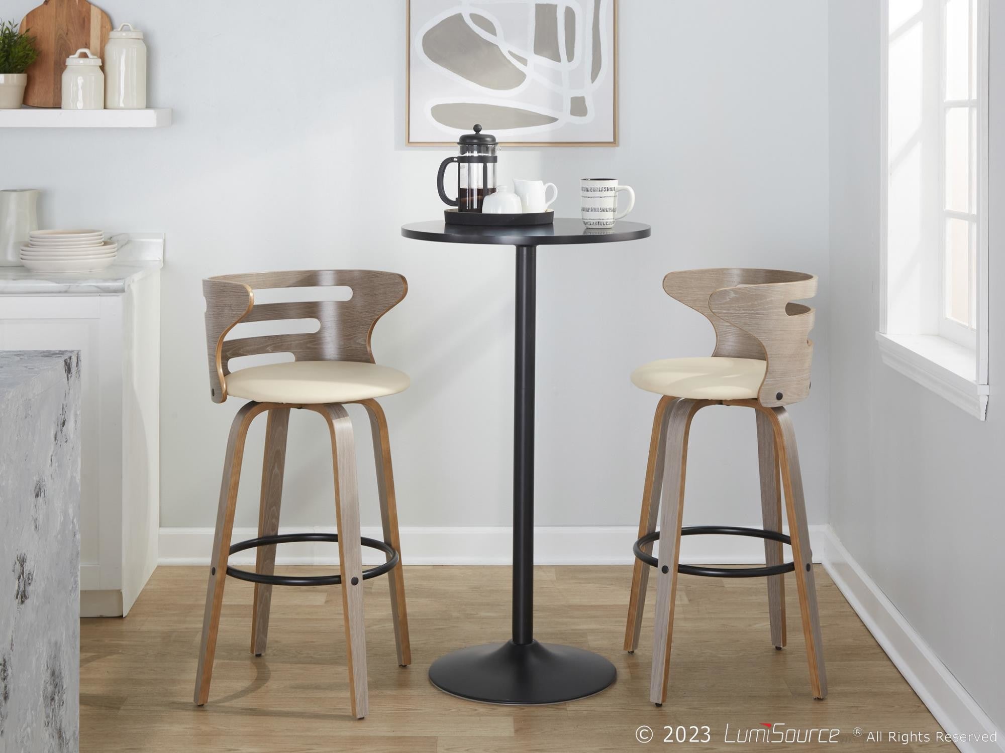 Cosini 30" Fixed-Height Barstool - Set of 2 - Light Grey Wood, Black Metal, Cream PU