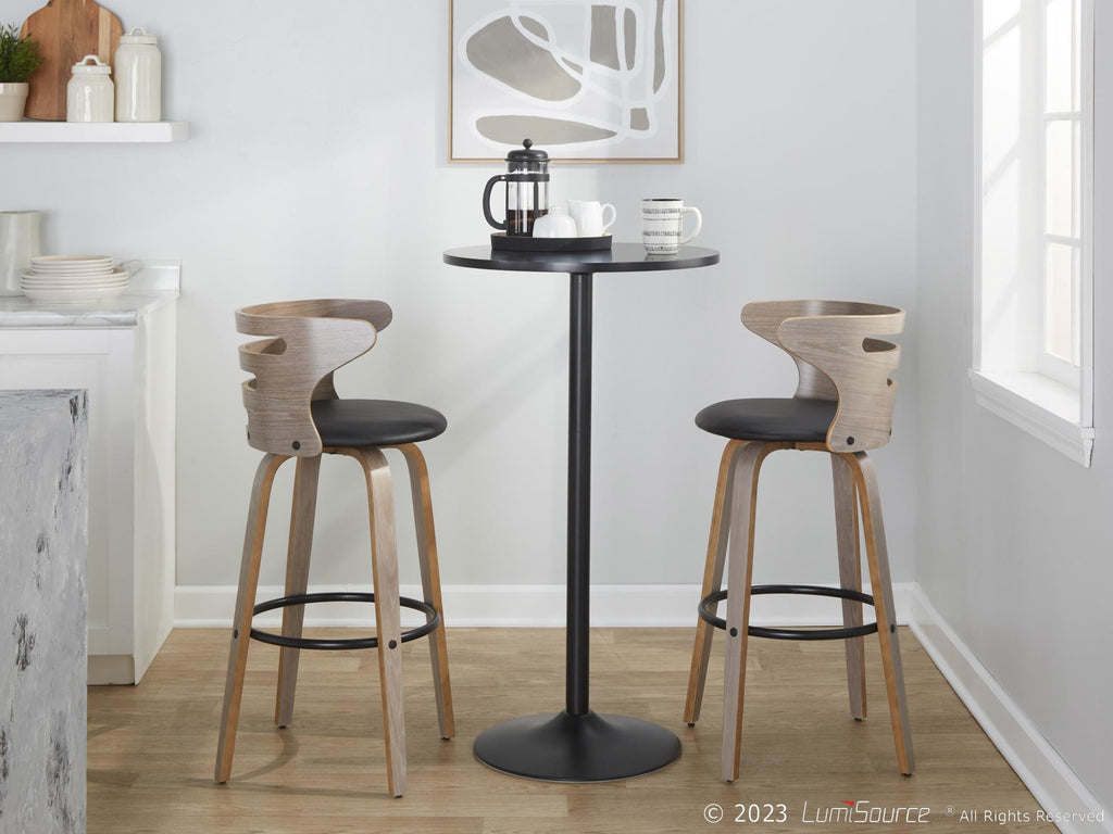 Cosini 30" Fixed-Height Barstool - Set of 2 - Light Grey Wood, Black Metal, Black PU
