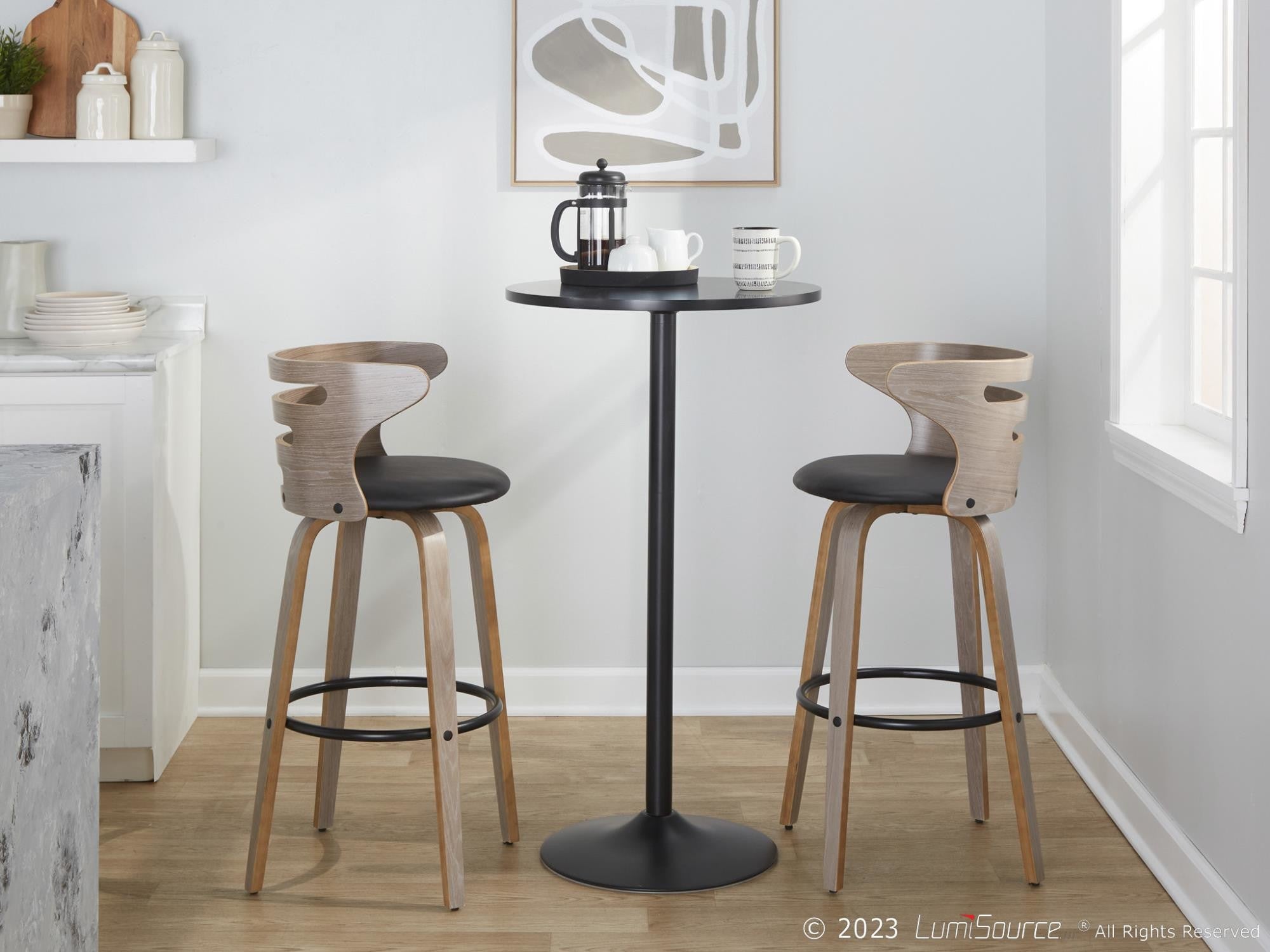 Cosini 30" Fixed-Height Barstool - Set of 2 - Light Grey Wood, Black Metal, Black PU