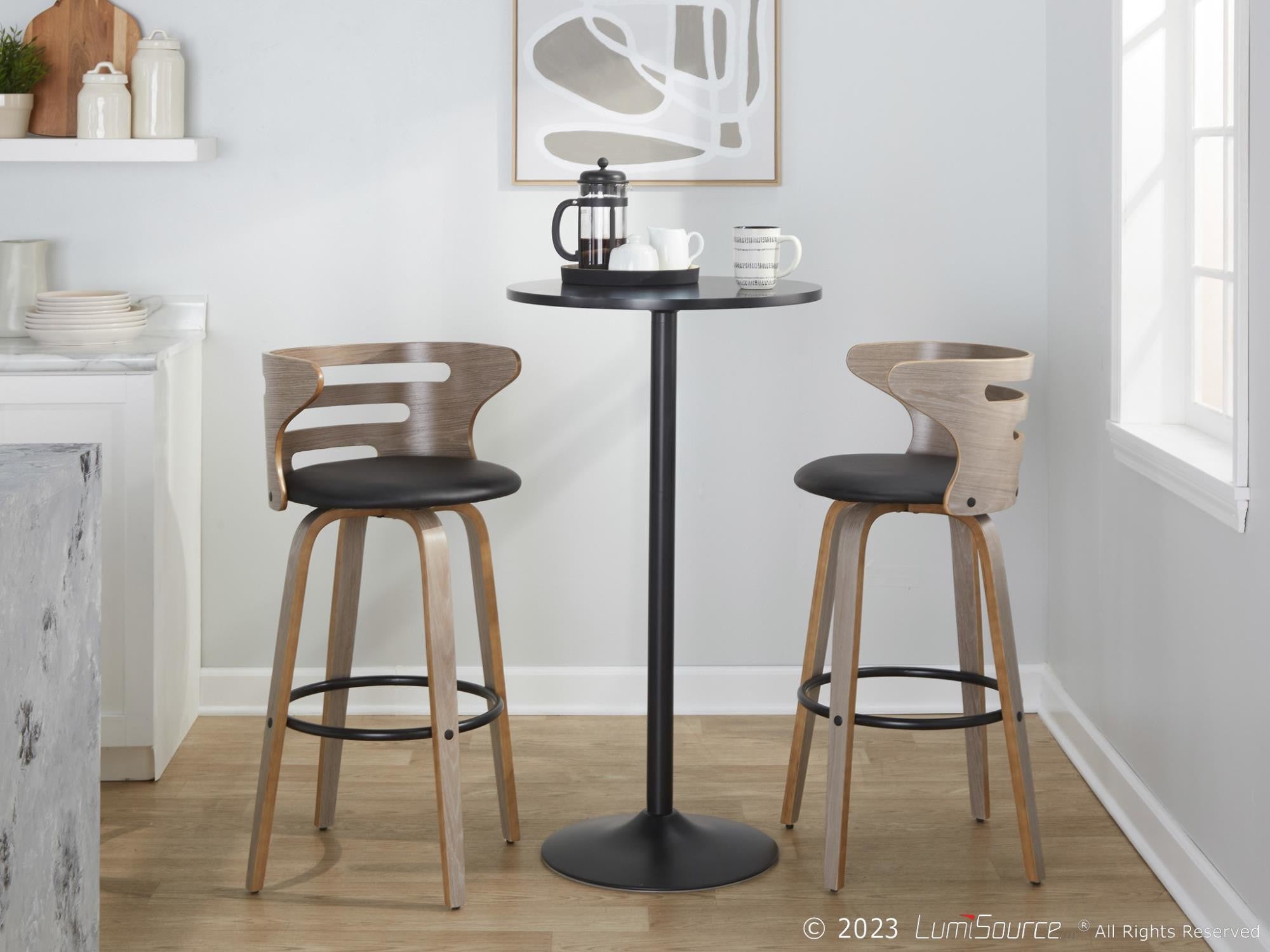 Cosini 30" Fixed-Height Barstool - Set of 2 - Light Grey Wood, Black Metal, Black PU