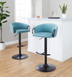 Claire Adjustable Barstool – Set of 2 - Black Metal, Light Blue Velvet