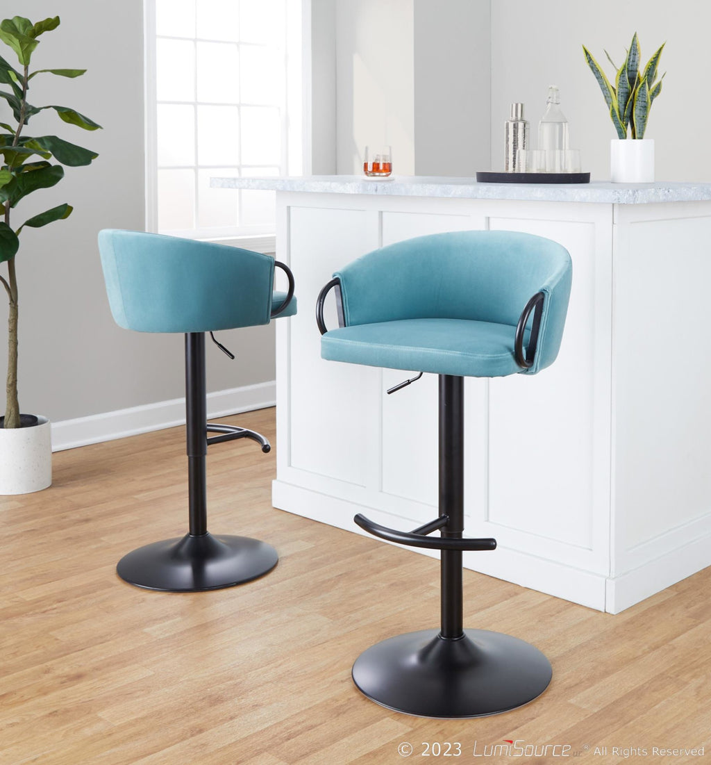 Claire Adjustable Barstool – Set of 2 - Black Metal, Light Blue Velvet