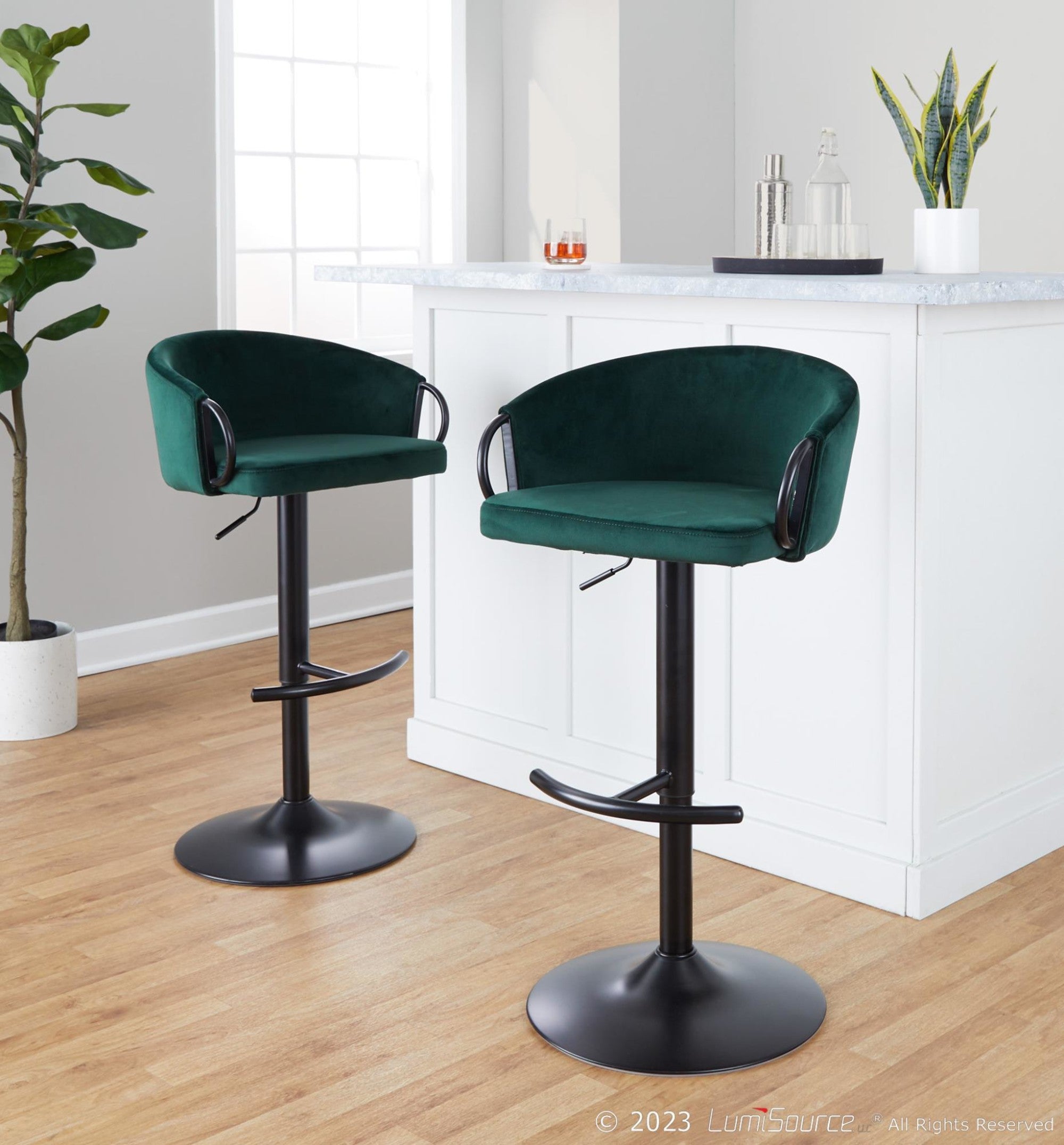 Claire Adjustable Barstool – Set of 2 - Black Metal, Green Velvet