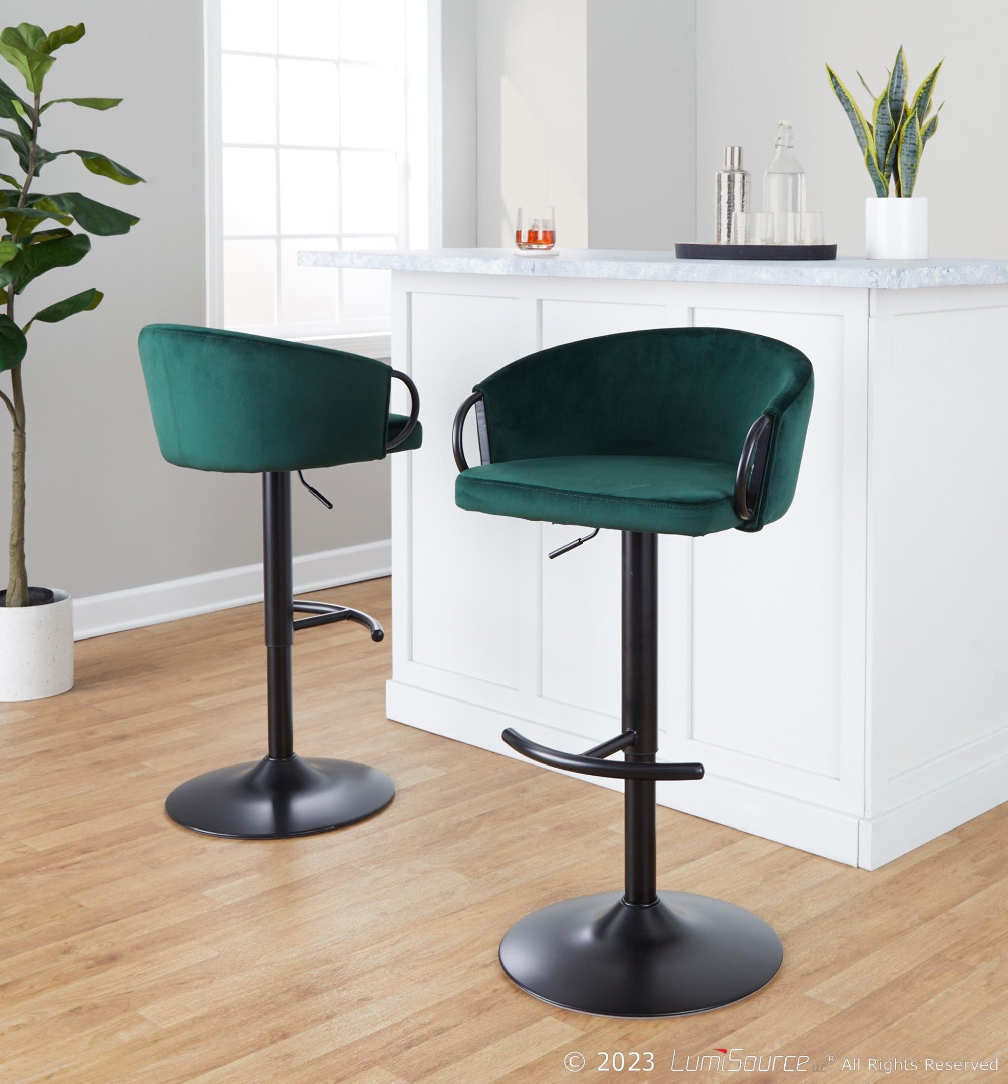 Claire Adjustable Barstool – Set of 2 - Black Metal, Green Velvet