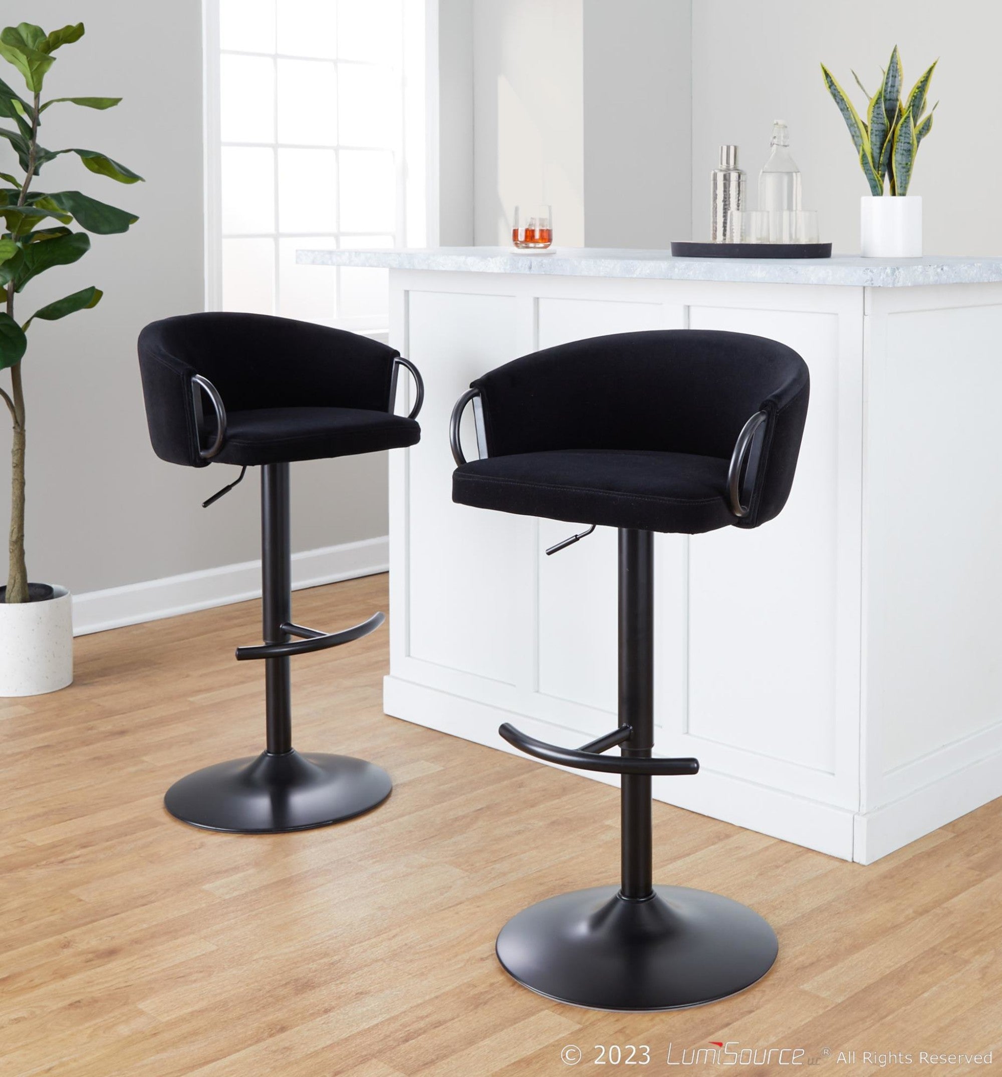 Claire Adjustable Barstool – Set of 2 - Black Metal, Black Velvet