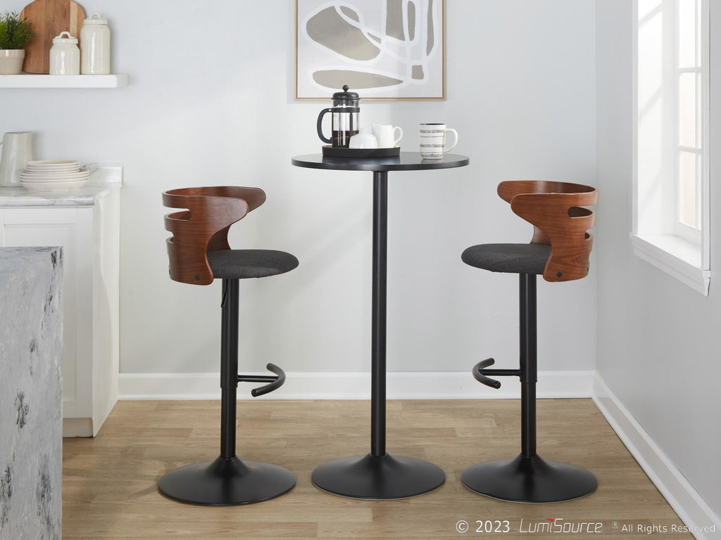 Cosi Adjustable Barstool - Set of 2 - Black Metal, Walnut Wood, Charcoal Fabric