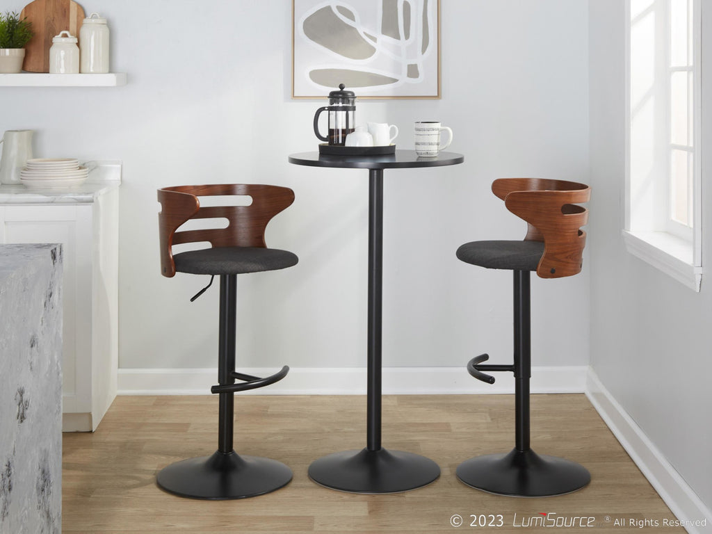 Cosi Adjustable Barstool - Set of 2 - Black Metal, Walnut Wood, Charcoal Fabric