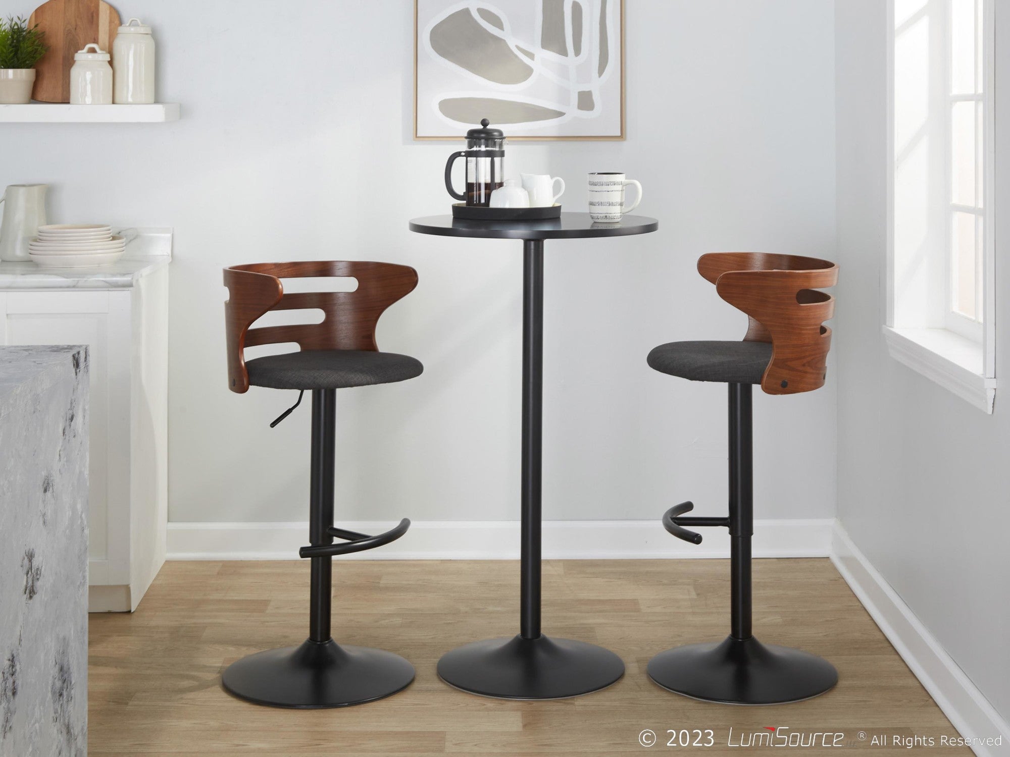 Cosi Adjustable Barstool - Set of 2 - Black Metal, Walnut Wood, Charcoal Fabric