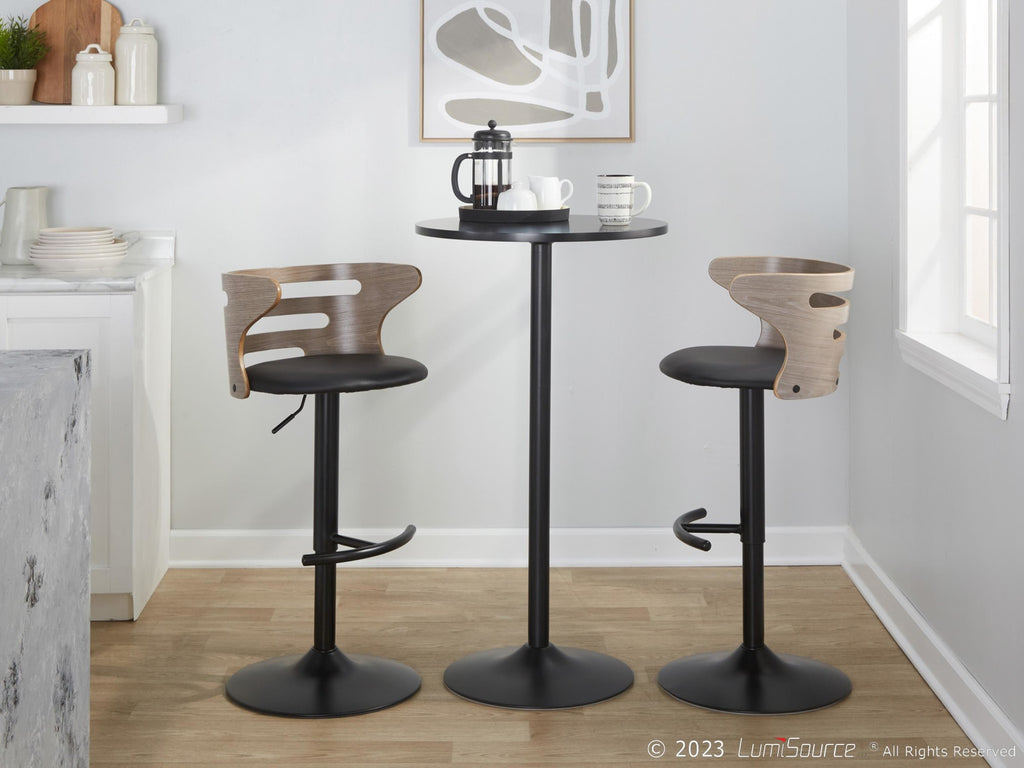 Cosi Adjustable Barstool - Set of 2 - Black Metal, Light Grey Wood, Black PU